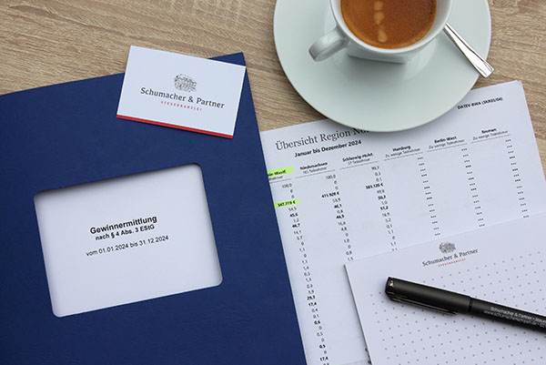 Eine Mappe mit der Aufschrift Gewinnermittlung, eine Visitenkarte, Finanzunterlagen, ein Stift und eine Tasse Kaffee stehen auf einem hölzernen Schreibtisch, was auf eine Arbeits- oder Buchhaltungsumgebung schließen lässt.